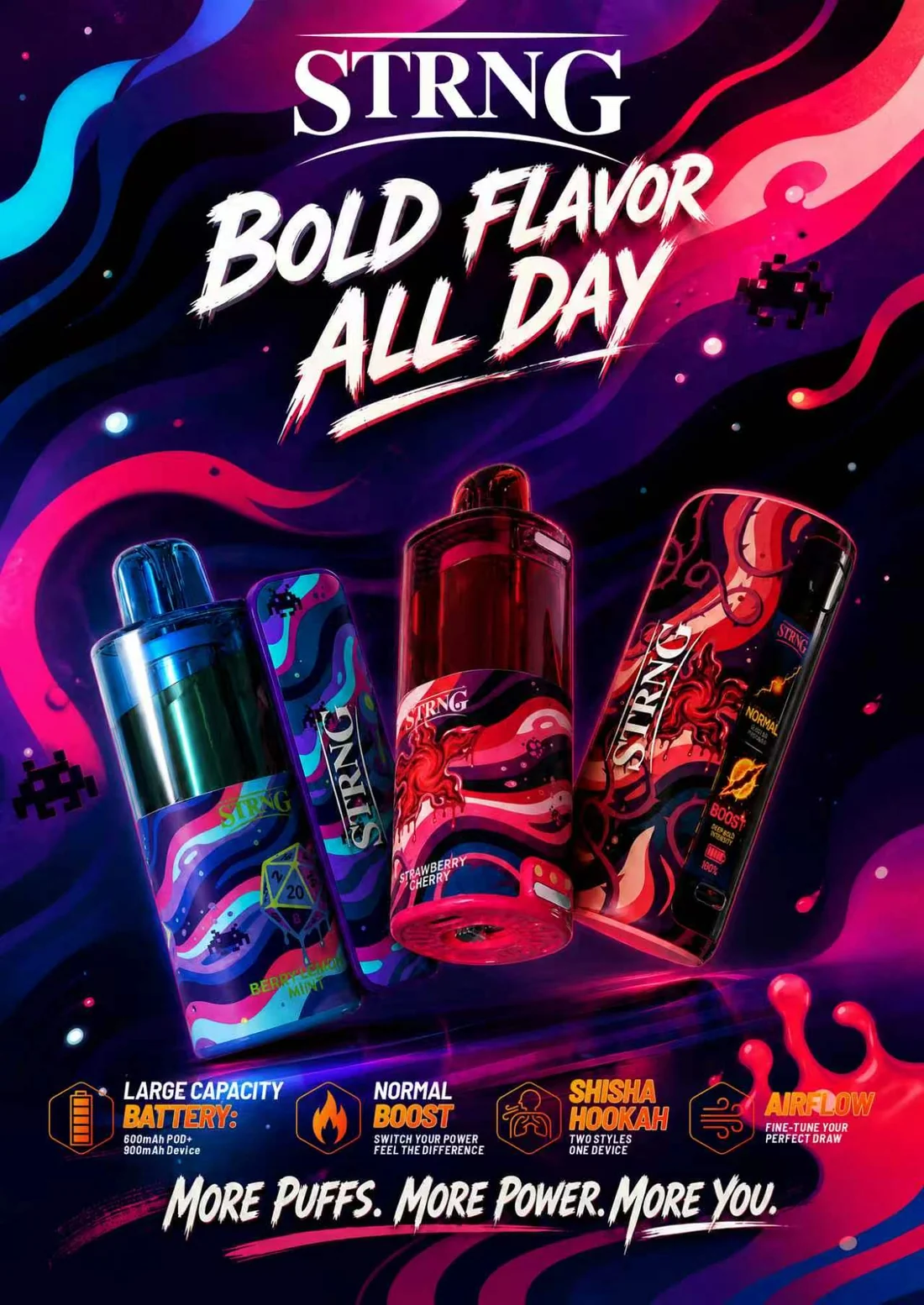 STRNG product lineup with Bold Flavor All Day artwork